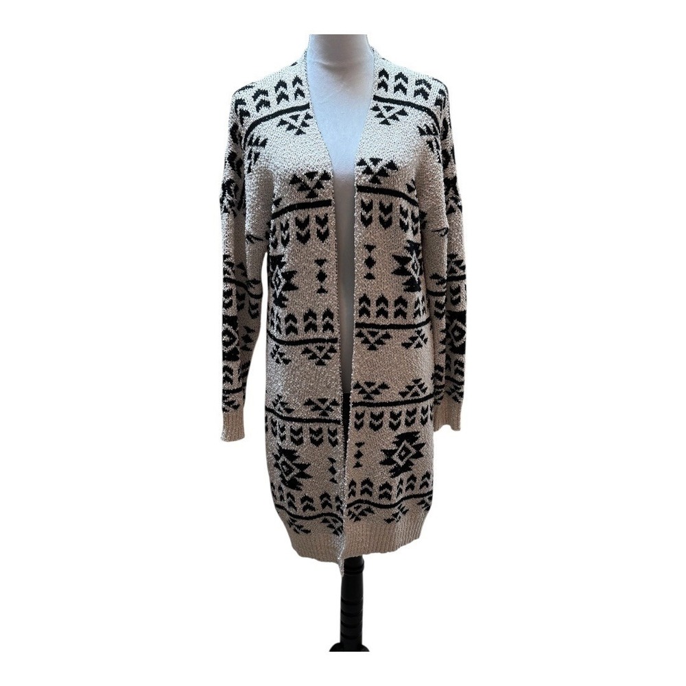 Savanna Jane Women's Beige & Black‎ Duster Cardigan Sweater Aztec Pattern Medium